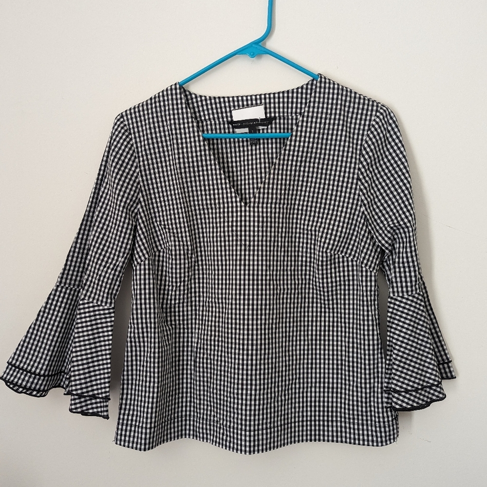 White House Black Market Gingham Bell sleeve V neck top size 2 XS